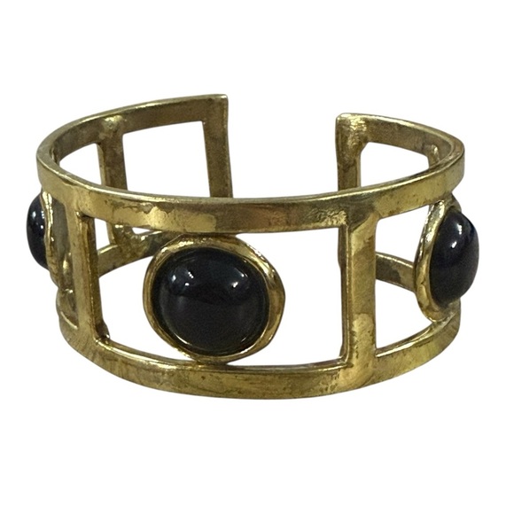 Vintage Gold Tone Black Cabochon Cuff Bracelet Statement 80s Art Deco Inspired - Picture 1 of 4